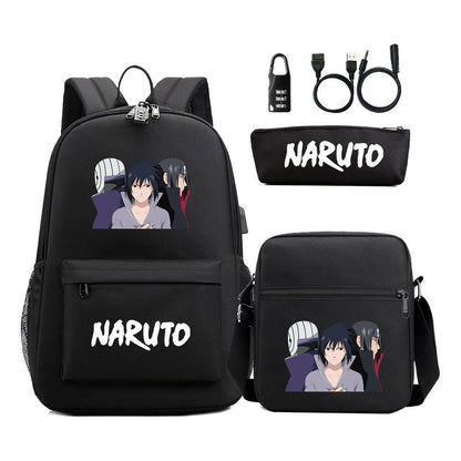 Naruto Usb Password Lock Youth Student Backpack Three Piece Set For Men And Women Backpack Set