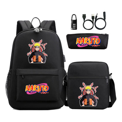 Naruto Usb Password Lock Youth Student Backpack Three Piece Set For Men And Women Backpacks