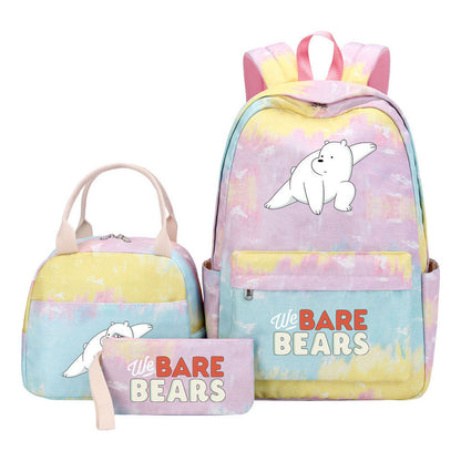 Cartoon Cute Three Bears Youth Student Girls School Bag Lunch Bag Three Piece Set Backpack Set