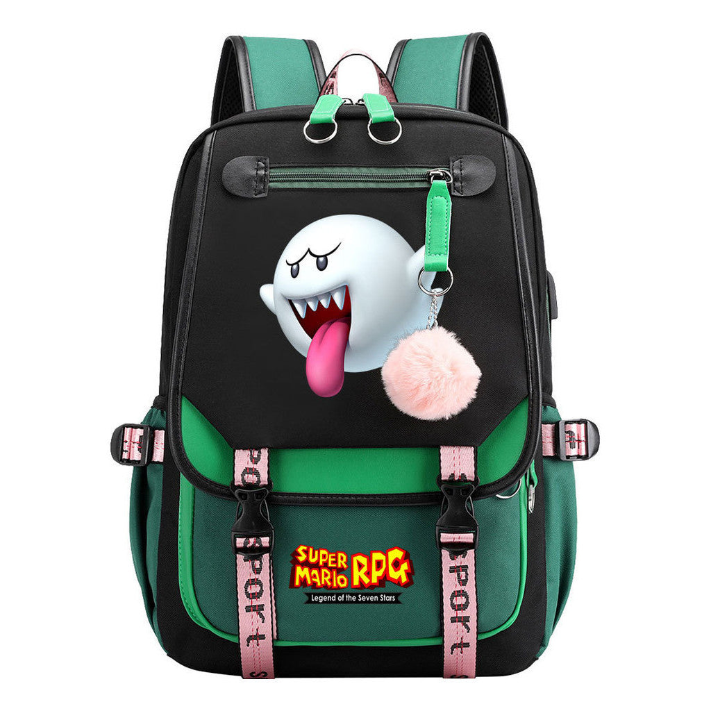 Super Mario Printed Usb Youth Student Backpack For Men And Women With Casual Woven Strap Flap Backpack