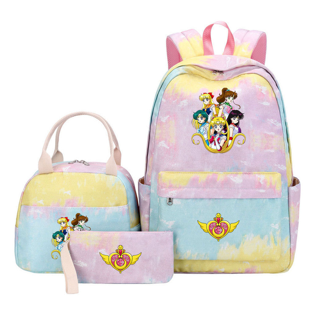 Anime Beauty Girl Warrior Girls School Bag Lunch Bag Three Piece Set Backpack Set