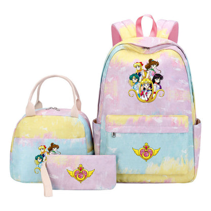 Anime Beauty Girl Warrior Girls School Bag Lunch Bag Three Piece Set Backpack Set