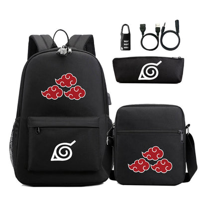 Naruto Usb Password Lock Backpack Three Piece Set For Men And Women Backpack Set