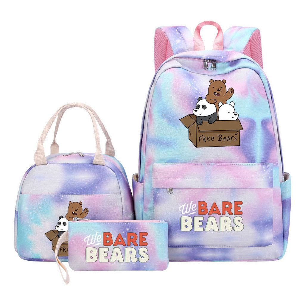 Cartoon Cute Three Bears Youth Student Girls School Bag Lunch Bag Three Piece Set Backpack Set