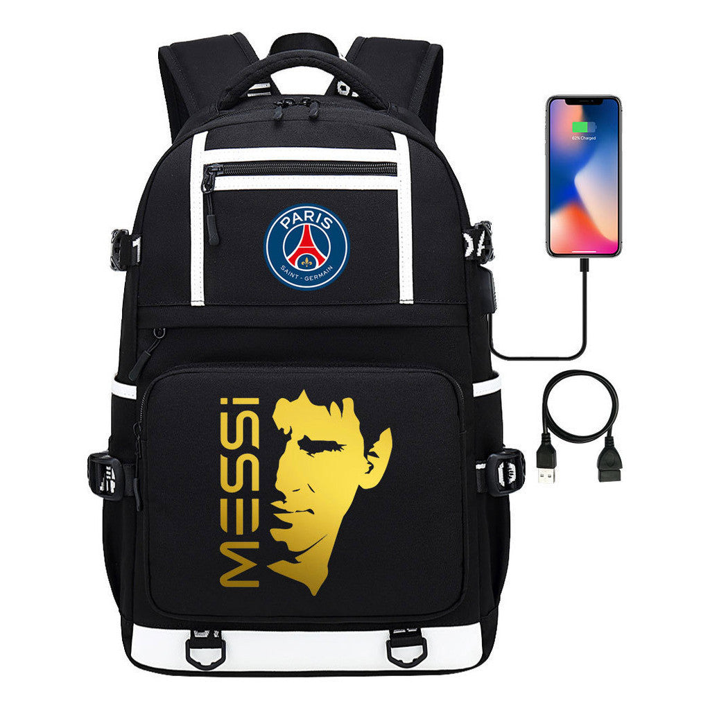 Gold Sports Football Star Printed Usb Youth School Bag Backpack Leisure Travel Backpack