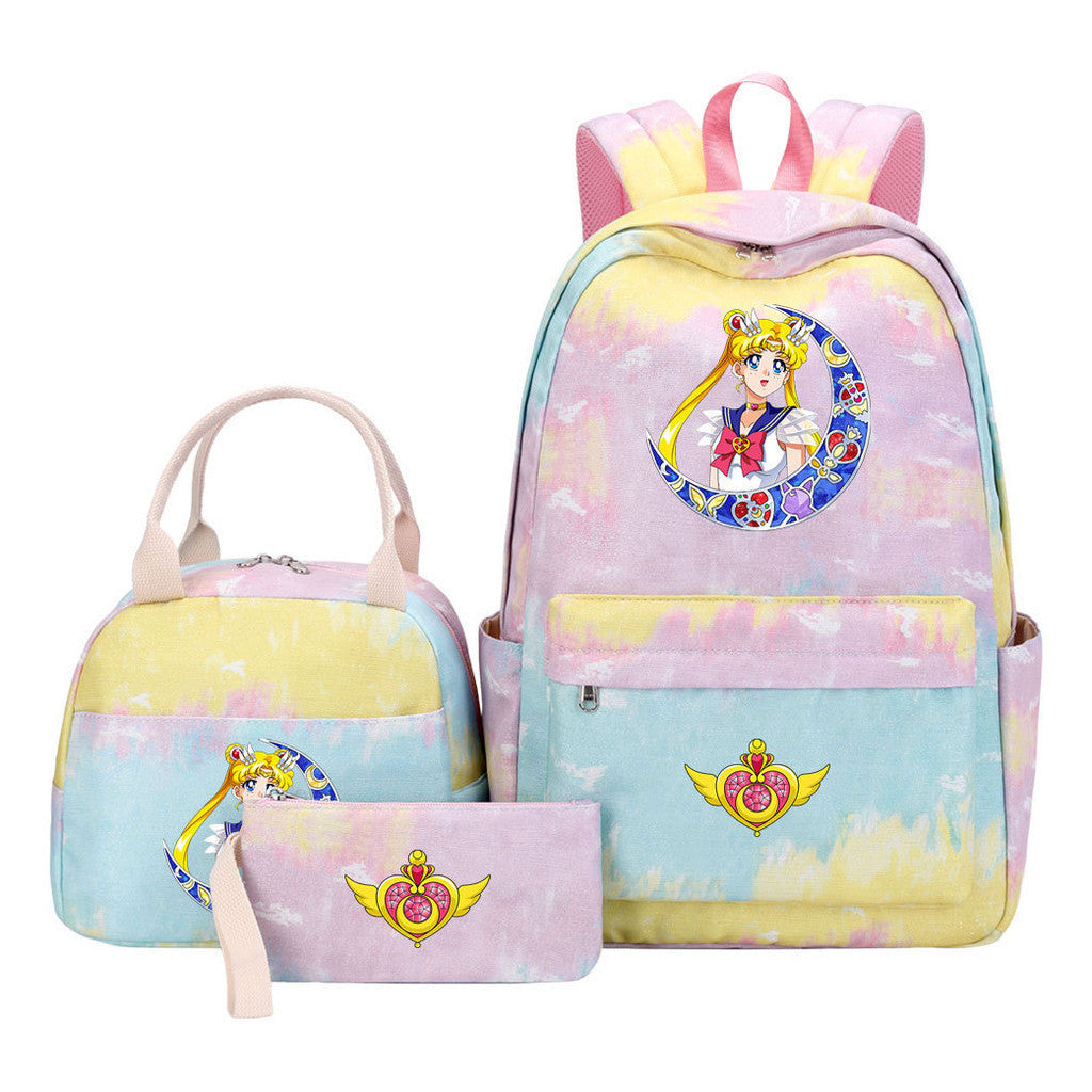 Anime Beauty Girl Warrior Student Girls School Bag Lunch Bag Three Piece Set Backpack Set