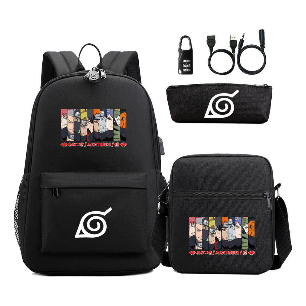 Naruto Usb Password Lock Youth Student Backpack Three Piece Set For Men And Women Backpack Set