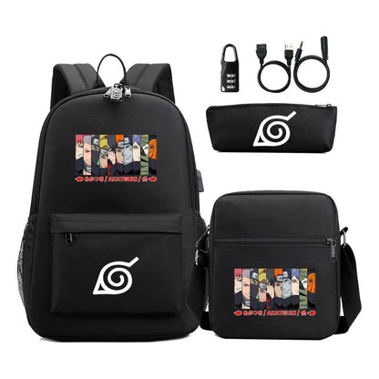 Naruto Usb Password Lock Youth Student Backpack Three Piece Set For Men And Women Backpack Set