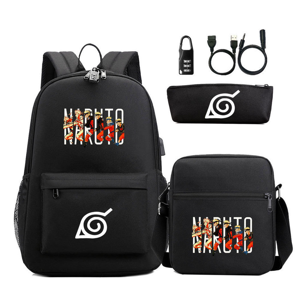 Naruto Usb Password Lock Youth Student Backpack Three Piece Set For Men And Women Backpack Set
