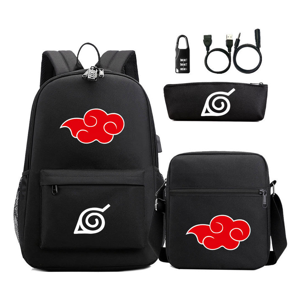 Naruto Usb Password Lock Youth Student Backpack Three Piece Set For Men And Women Backpack Set