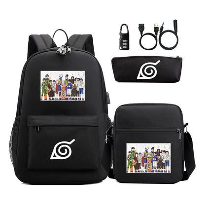 Fashionable Naruto Usb Password Lock Youth Student School Bag Three Piece Backpack Set