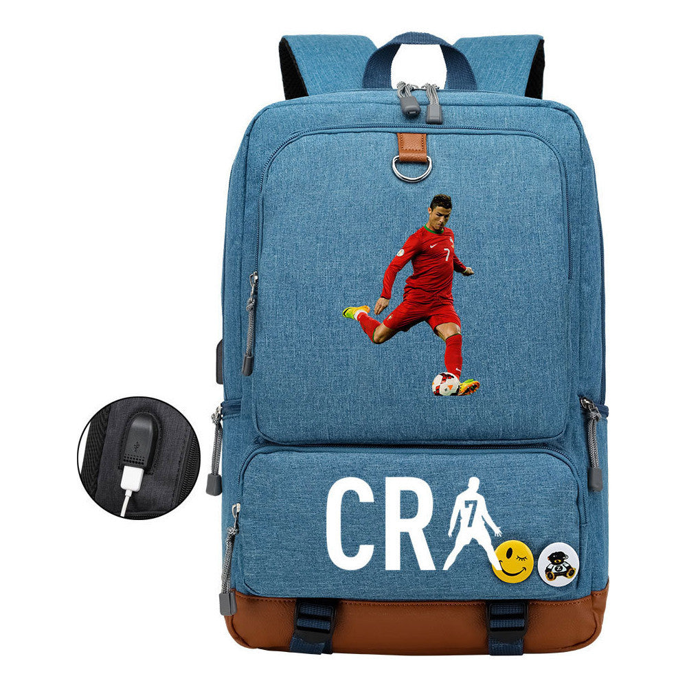 Football Star Cristiano Ronaldo Printed Usb Youth Primary And Secondary School Backpack For Boys And Girls Leisure Travel Backpack