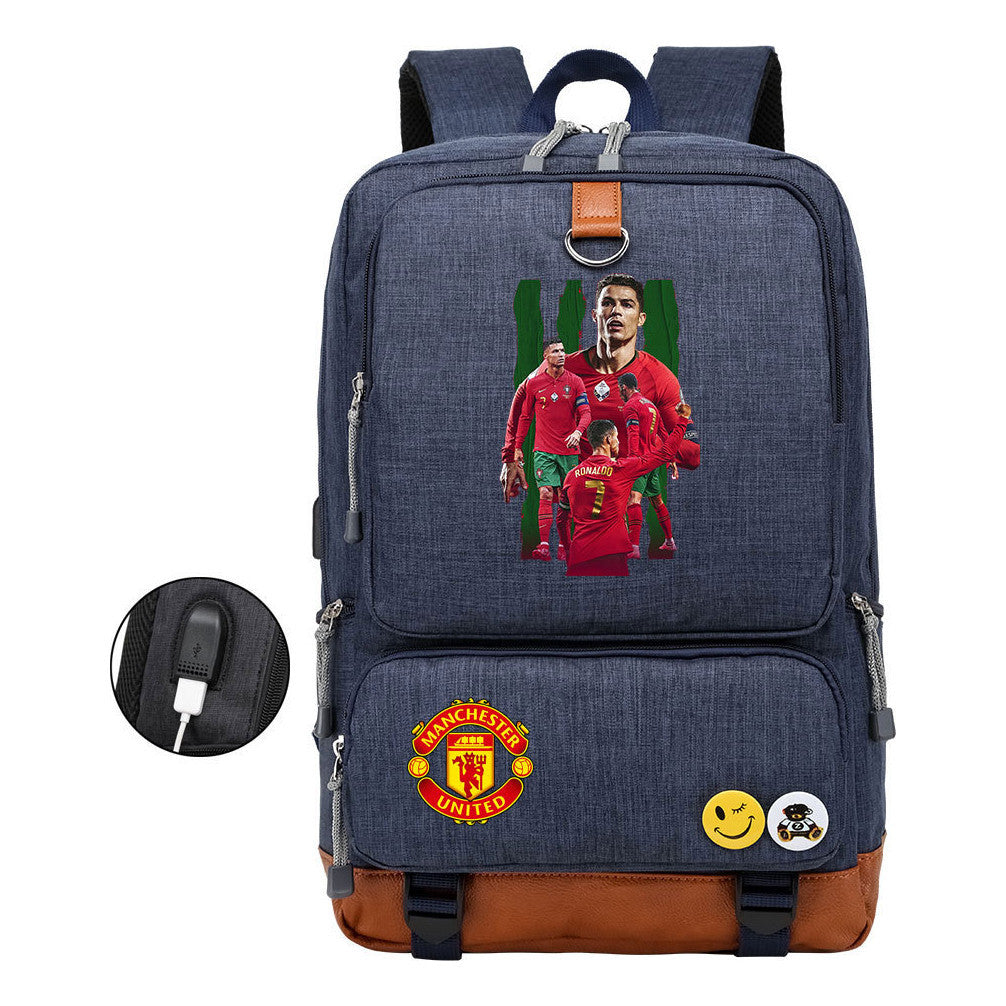 Football Star Cristiano Ronaldo Printed Usb Student Backpack For Leisure Travel Backpack