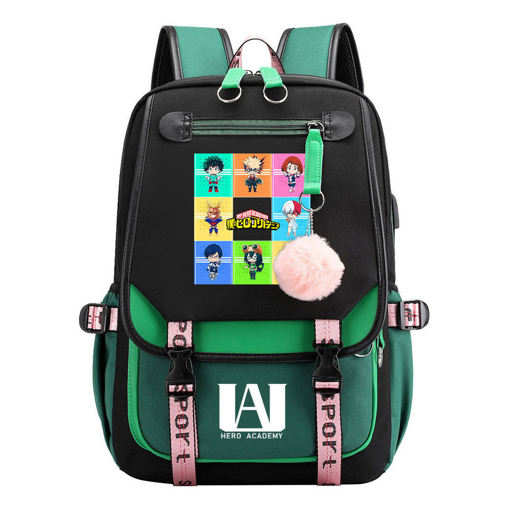 Comics My Heroes Academy Usb Student Backpack Casual Ribbon Flip Backpack