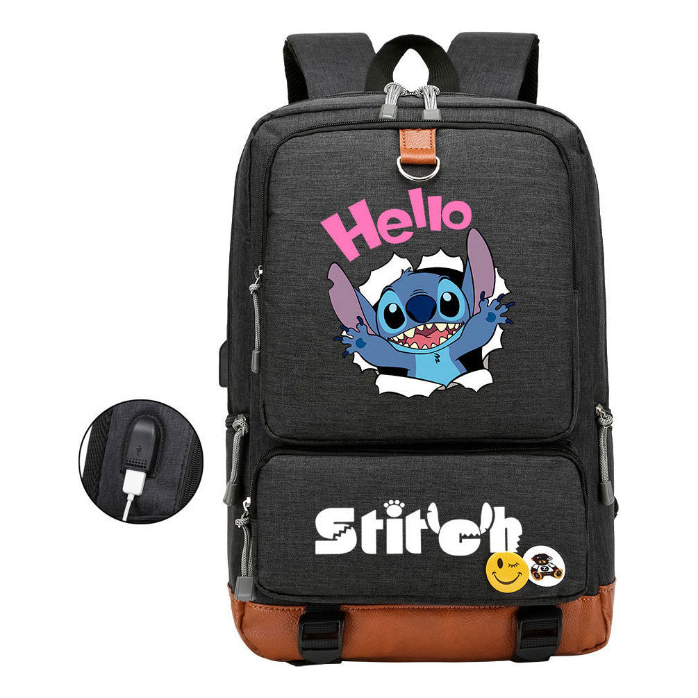 Anime Star Baby Stitch Printed Usb Youth Student Backpack For Men And Women's Leisure Travel Backpack
