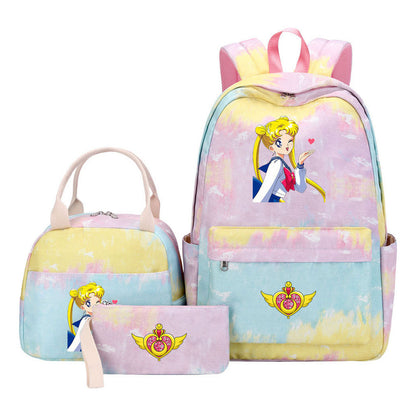 Anime Beauty Girl Warrior Girls School Bag Lunch Bag Three Piece Set Backpack Set