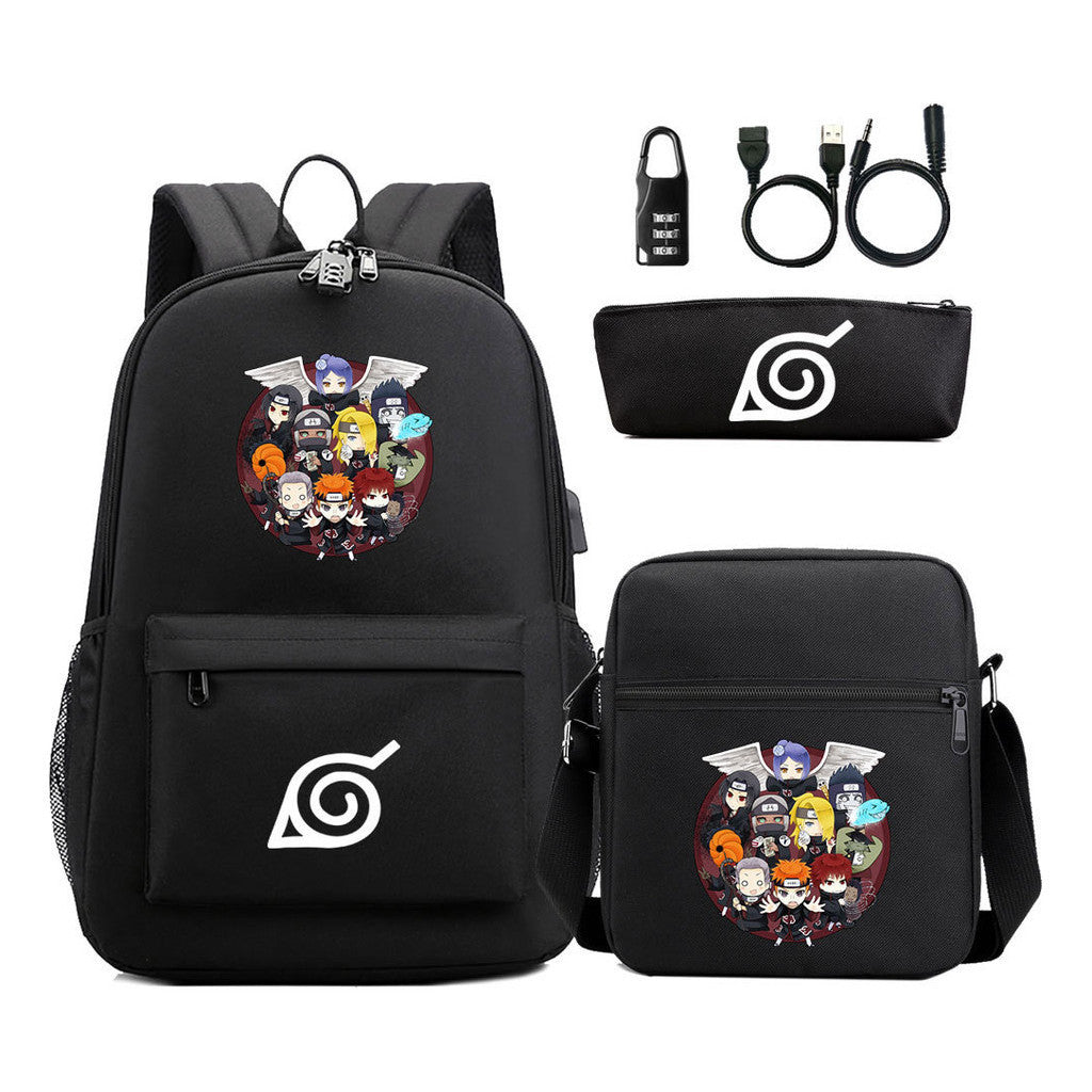 Naruto Usb Password Lock Backpack Three Piece Set For Men And Women Backpack Set