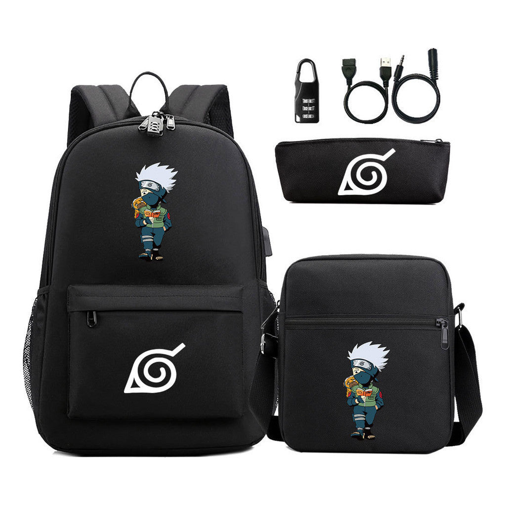 Fashionable Naruto Usb Password Lock Youth Student School Bag Three Piece Backpack Set