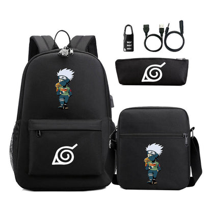 Fashionable Naruto Usb Password Lock Youth Student School Bag Three Piece Backpack Set