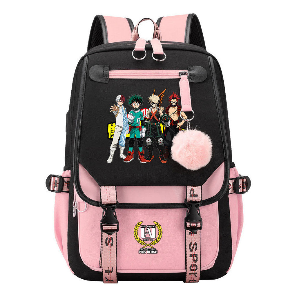 Comics My Heroes Academy Usb Student Backpack Casual Ribbon Flip Backpack