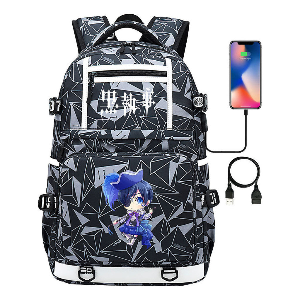 Manga Black Deacon Black Butler Printed Usb Youth Student Backpack Men's And Women's Leisure Travel Backpack