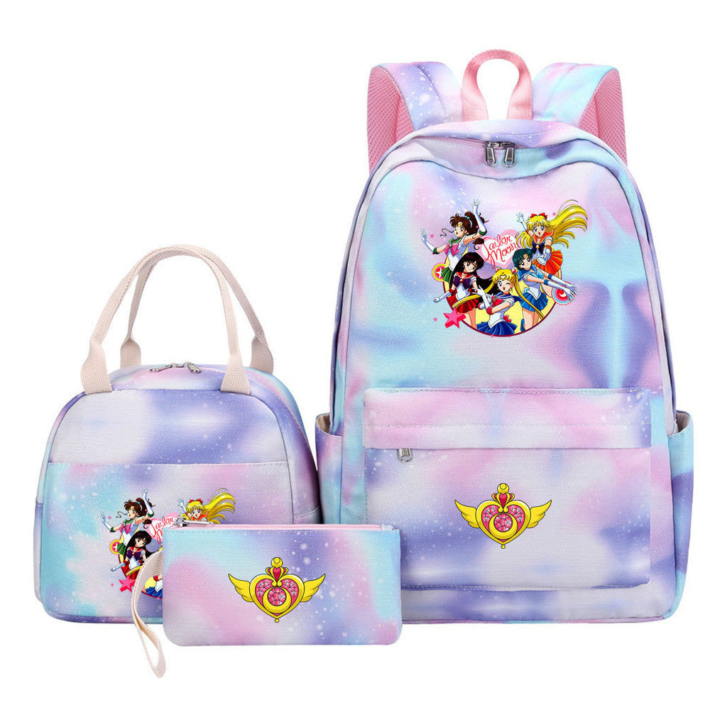 Anime Beauty Girl Warrior Student Girls School Bag Lunch Bag Three Piece Set Backpack Set