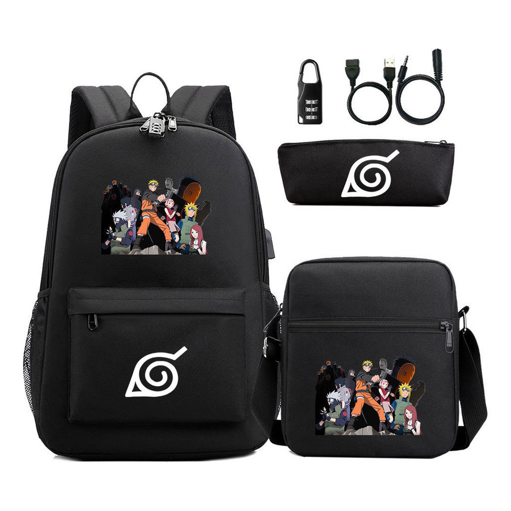 Naruto Usb Password Lock Youth Student Backpack Three Piece Set For Men And Women Backpack Set
