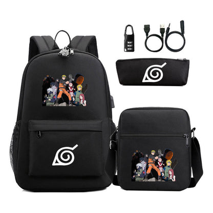 Naruto Usb Password Lock Youth Student Backpack Three Piece Set For Men And Women Backpack Set