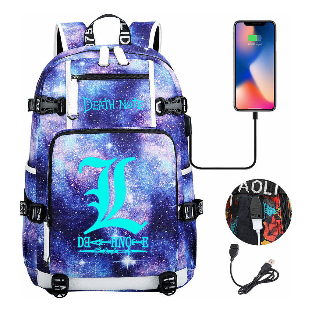 Blue Night Light Death Note Usb Youth Student School Bag Men's And Women's Leisure Travel Backpack