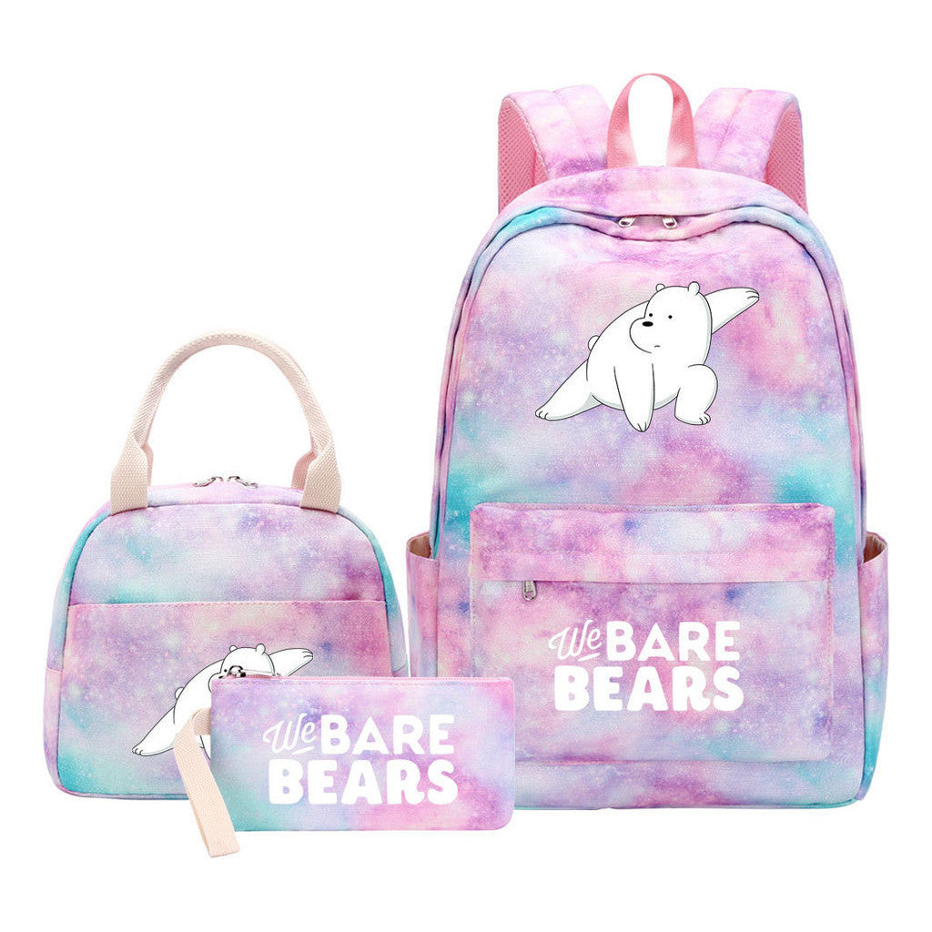Cartoon Cute Three Bears Youth Student Girls School Bag Lunch Bag Three Piece Set Backpack Set