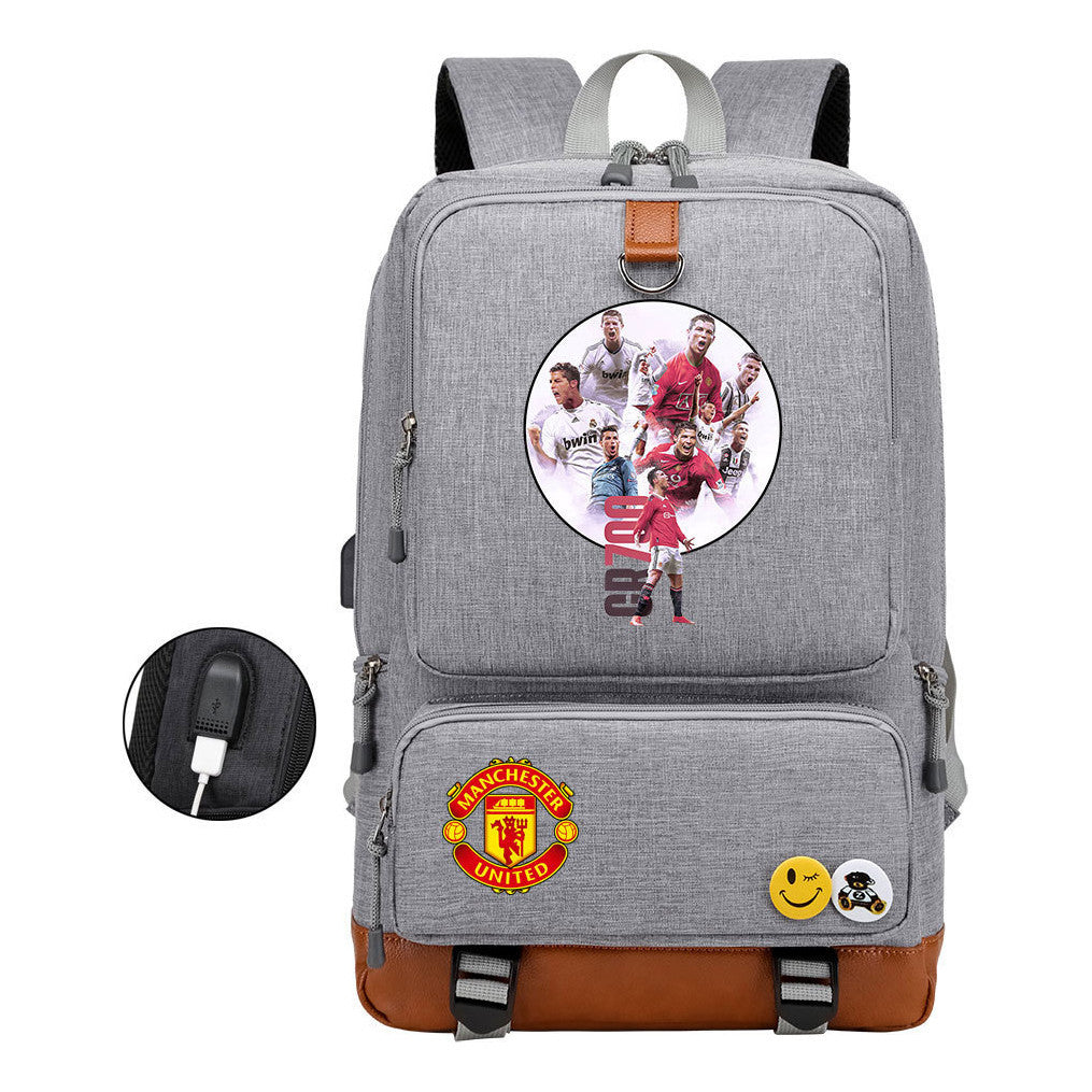Football Star Cristiano Ronaldo Printed Usb Student Backpack For Leisure Travel Backpack