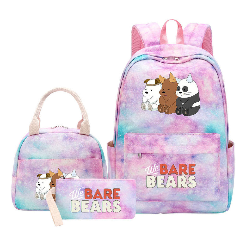 Cartoon Cute Three Bears Youth Student Girls School Bag Lunch Bag Three Piece Set Backpack Set
