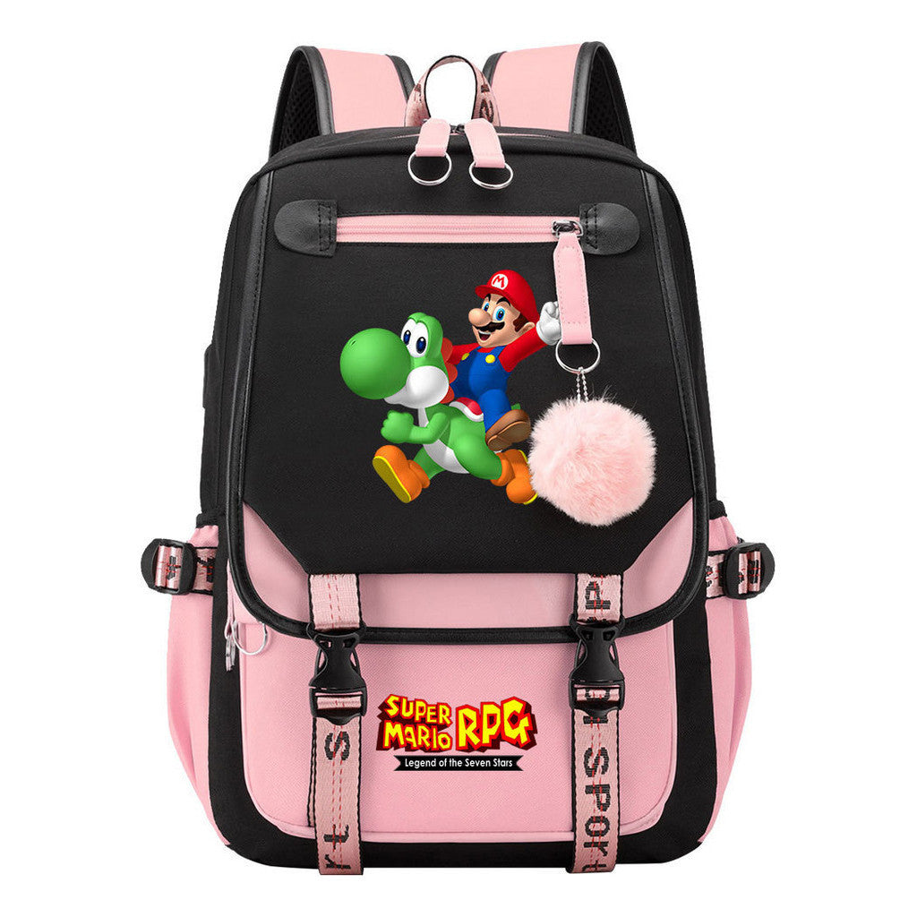 Super Mario Printed Usb Youth Student Backpack For Men And Women With Casual Woven Strap Flap Backpack