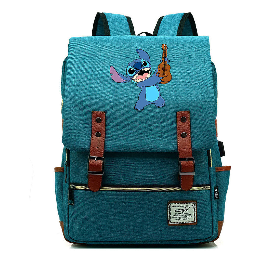 Anime Star Baby Stitch Printed Youth Student Backpack Usb Casual Backpack