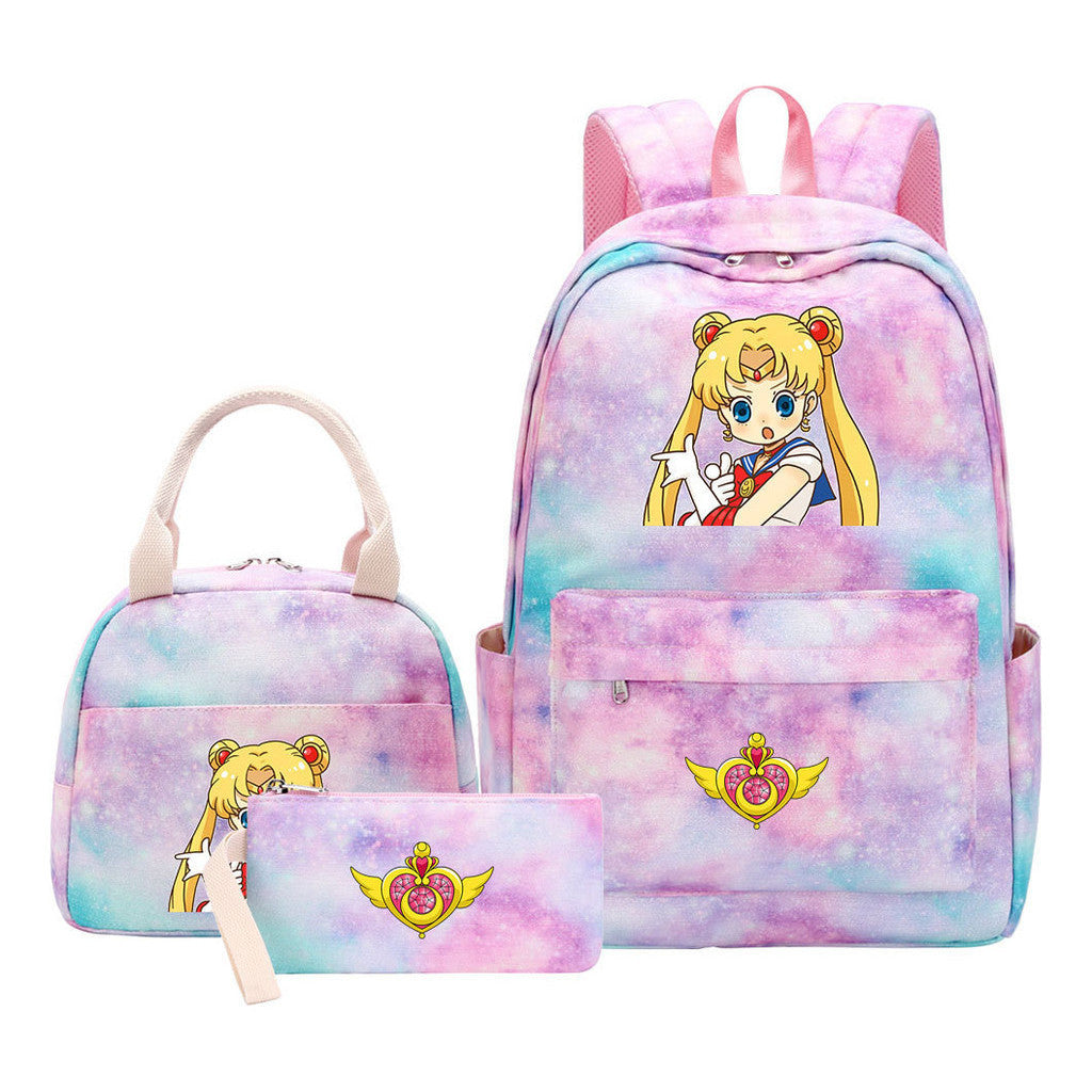 Anime Beauty Girl Warrior Girls School Bag Lunch Bag Three Piece Set Backpack Set