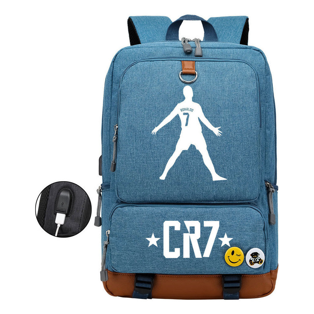 Football Star Cristiano Ronaldo Printed Usb Student Backpack For Boys And Girls Leisure Travel Backpack