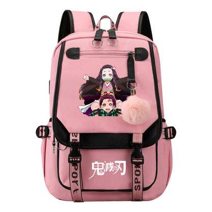 Cartoon Fashion Usb Youth Student Backpack Boy's And Girl's Leisure Ribbon Flip Backpack