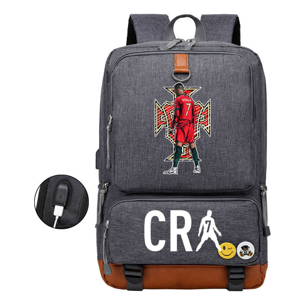 Football Star Cristiano Ronaldo Printed Usb Youth Primary And Secondary School Backpack For Boy And Girl's Leisure Travel Backpack