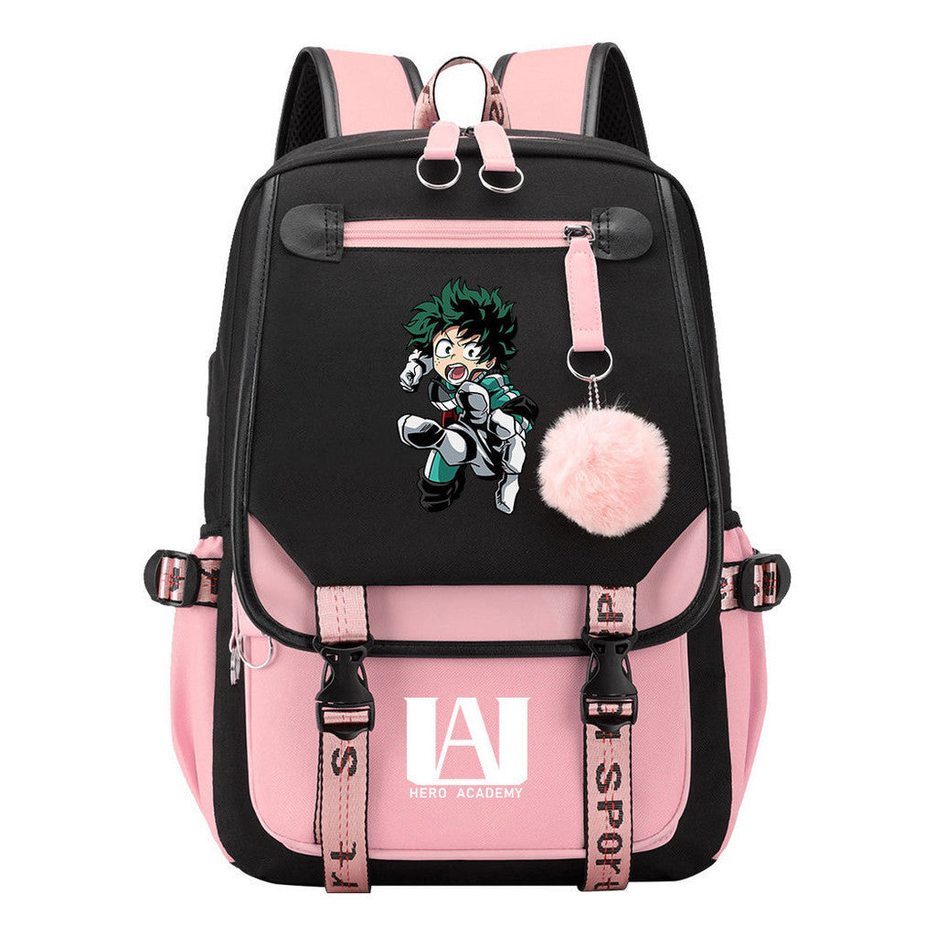 Comics My Heroes Academy Usb Student Backpack Casual Ribbon Flip Backpack