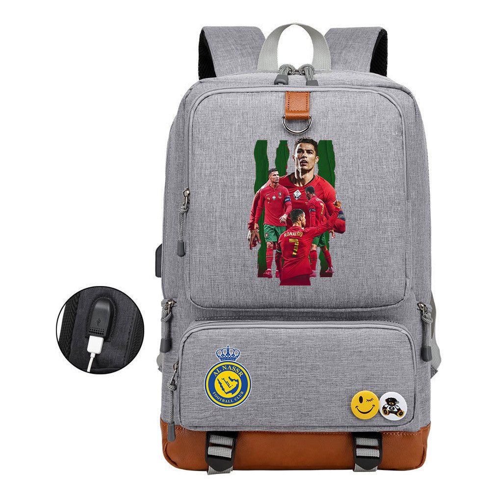 Football Star Cristiano Ronaldo Printed Usb Student Backpack Leisure Travel Backpack