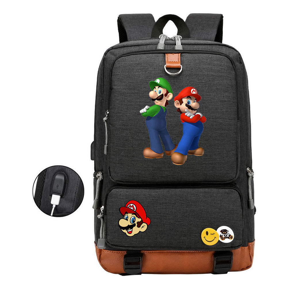 Super Mario Printed Usb Youth Student Backpack For Leisure Travel Backpack