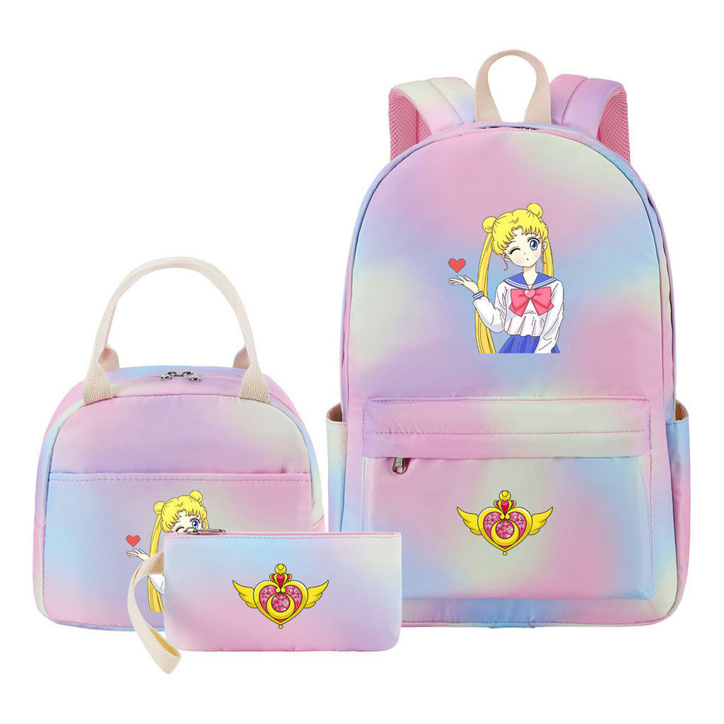 Anime Beauty Girl Warrior Girls School Bag Lunch Bag Three Piece Set Backpack Set