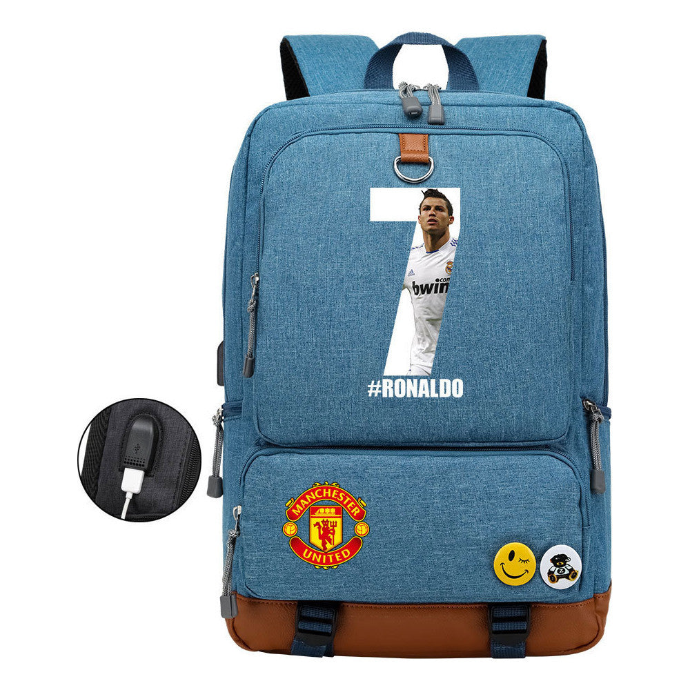 Football Star Cristiano Ronaldo Printed Usb Youth Student Backpack For Leisure Travel Backpack