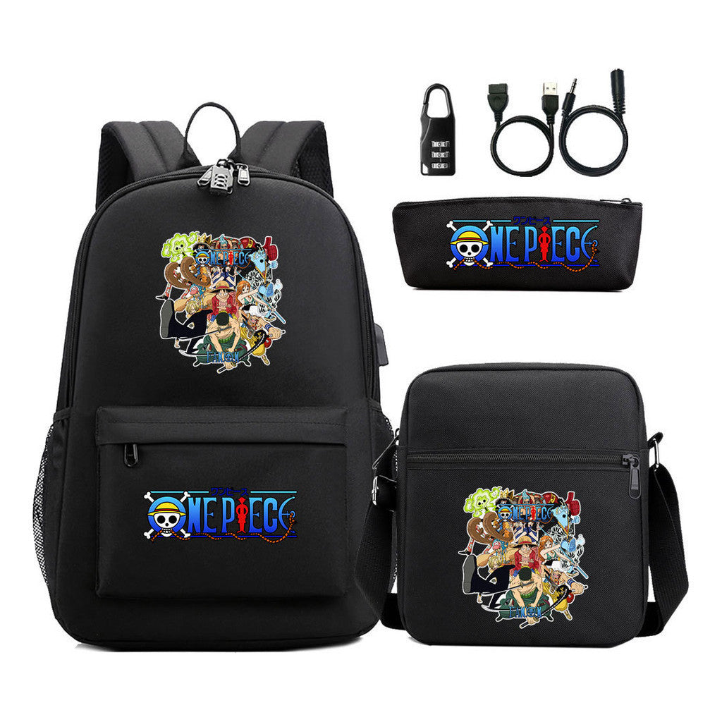 Cartoon Pirate King Usb Password Lock Youth Student Backpack Three Piece Set Backpack