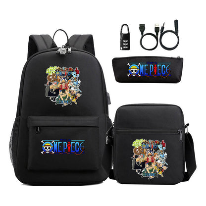 Cartoon Pirate King Usb Password Lock Youth Student Backpack Three Piece Set Backpack