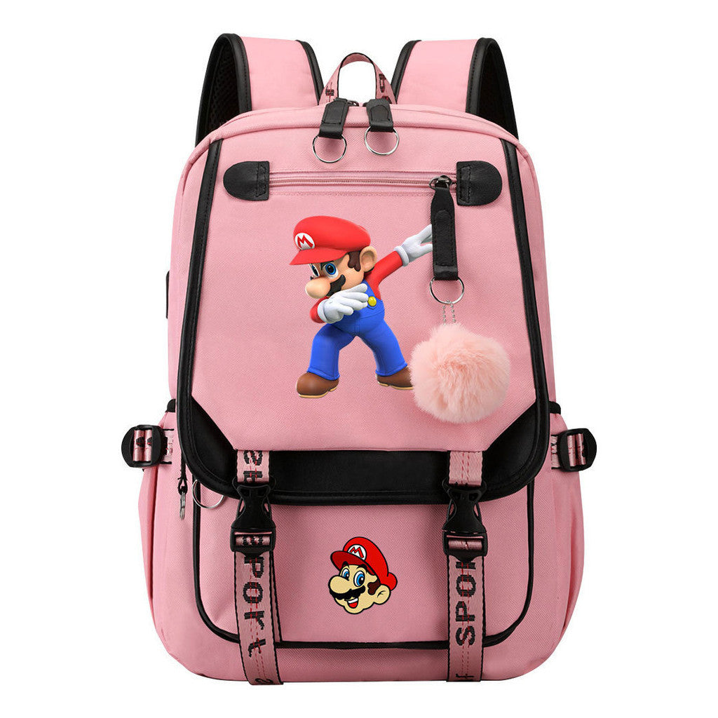 Super Mario Printed Usb Backpack Casual Woven Strap Flip Back Backpack