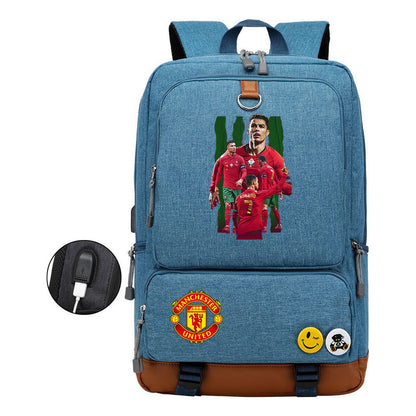 Football Star Cristiano Ronaldo Printed Usb Student Backpack For Leisure Travel Backpack