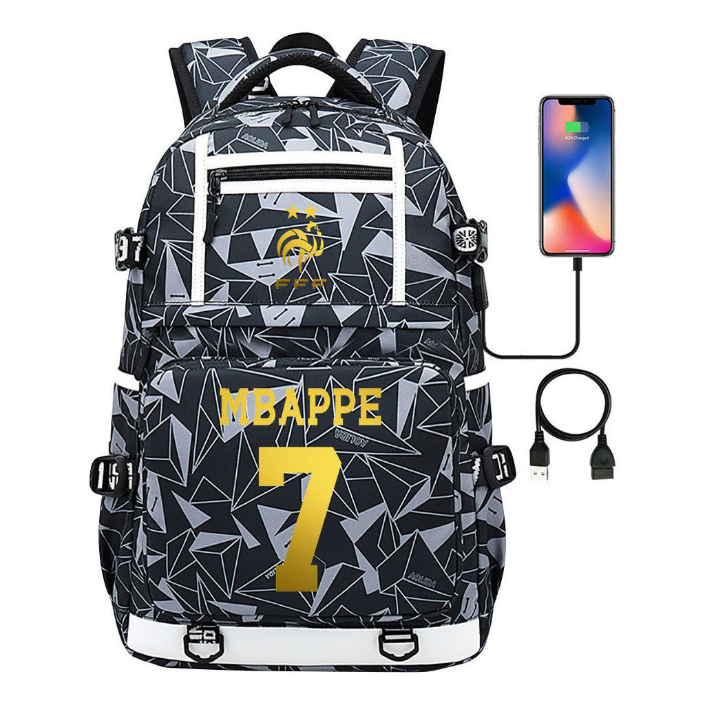 Golden Football Star Mbappe Usb Youth Student Backpack Backpack Leisure Travel Backpack