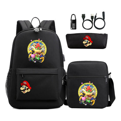 Super Mario Usb Password Lock Youth Student Backpack 3-piece Set For Men And Women Backpacks