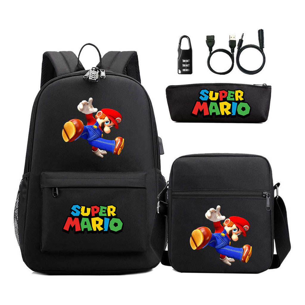 Super Mario Usb Password Lock Youth Student Backpack 3-piece Set For Men And Women Backpacks
